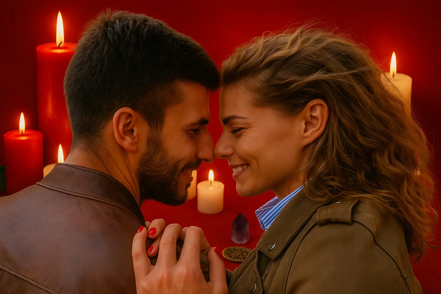 Pareja reconciliándose, frente con frente, junto a velas rituales y un cristal de cuarzo